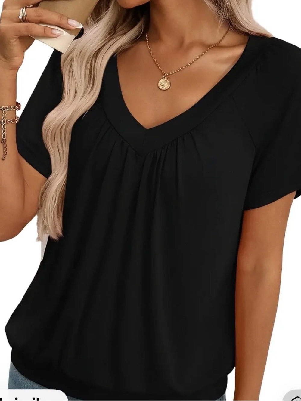 Black V-Neck Short Sleeve Blouse - Classic Everyday Top